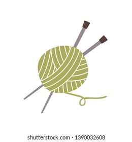 Ball of yarn, thread and knitting needles isolated on white background. Hobby or handicraft, woolen textile making. Hygge decorative design element. Flat cartoon colorful vector illustration.