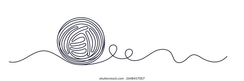 Ball of yarn. Vector continuous line sign. Round skein of knitting thread isolated on white backdrop. Merino for knit needles, cotton for crochet. Sketch art symbol for handicraft hobbies design