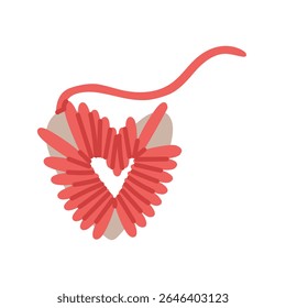 Ball yarn wound on a heart to make pompoms. Cozy atmosphere. Handmade. Flat color isolated illustration. For postcards, packaging design, social media posts, the theme of care and coziness