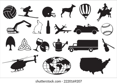 ball,animals,horse riding,car,truck,aeroplane,world globe black image or black objects vector illustration