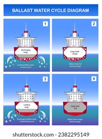 Ballast water cycle diagram. Scientific infographics vector illustration.