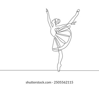 Ballerina Abstract Silhouette Line Art Drawing. Female Dancing Pose Linear Drawing. Ballet Dancer Vector Illustration Minimalistic Style for Modern Design: Prints, Wall Art, Posters, Social Media.