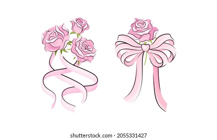 Ballerina accessories set. Pink bows with rose flowers hand drawn vector illustration