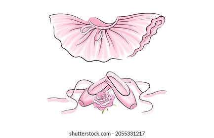 Ballerina accessories set. Pink pointes and ballet skirt hand drawn vector illustration