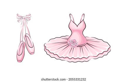 Ballerina accessories set. Pink pointes and tutu ballet dress hand drawn vector illustration