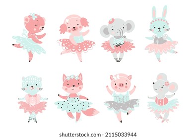 Animal Ballerina. Bailarina de ballet de elefante y ratón, conejo de hadas y zorro en tutu. Personajes de baile lindo para el bebé clipart, pequeña caricatura infantil hoy en día conjunto de vectores