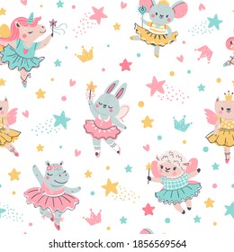 Ballerina animal seamless pattern. Hand drawn baby bunny, unicorn, mouse in ballet tutu. Girls birthday, baby shower, t-shirt vector print. Illustration pattern drawn ballerina bunny baby or mouse