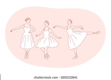 Ballerina, ballet, dance performance in theatre concept. Young woman ballerina cartoon character in white classical dress dancing and moving during training in class. Elegance, dancer, classic dance