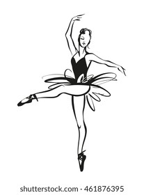 Ballerina - Ballet Dancer hand drawn illustration. Expressive unique ink drawing for wall decoration, poster, card, t-shirt design. Vector stock image - female in tutu posing in performance position.