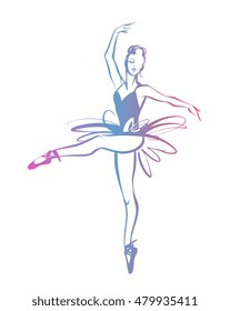 Ballerina - Ballet Dancer hand drawn illustration. Expressive unique ink drawing for wall decoration, poster, card, t-shirt design. Vector stock image - female in tutu posing in performance position.