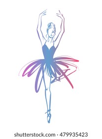 Ballerina - Ballet Dancer hand drawn illustration. Expressive unique ink drawing for wall decoration, poster, card, t-shirt design. Vector stock image - female in tutu posing in performance position.