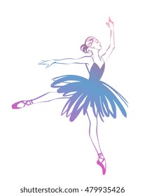 Ballerina - Ballet Dancer hand drawn illustration. Expressive unique ink drawing for wall decoration, poster, card, t-shirt design. Vector stock image - female in tutu posing in performance position.