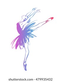 Ballerina - Ballet Dancer hand drawn illustration. Expressive unique ink drawing for wall decoration, poster, card, t-shirt design. Vector stock image - female in tutu posing in performance position.