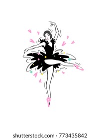 Ballerina - Ballet Dancer hand drawn illustration. Expressive unique ink drawing for wall decoration, poster, card, t-shirt design. Vector stock image - female in tutu posing in performance position.