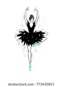 Ballerina - Ballet Dancer hand drawn illustration. Expressive unique ink drawing for wall decoration, poster, card, t-shirt design. Vector stock image - female in tutu posing in performance position.