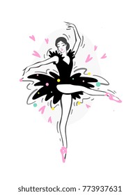 Ballerina - Ballet Dancer hand drawn illustration. Creative modern drawing for wall decoration, poster, card, t-shirt design. Vector stock image - female in tutu posing in performance position.