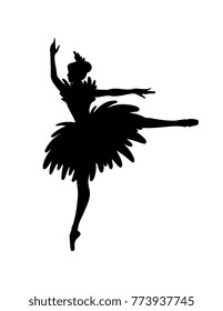 Ballerina - Ballet Dancer hand drawn silhouette. Expressive unique ink drawing for wall decoration, poster, card, t-shirt design. Vector stock image - female in tutu posing in performance position.