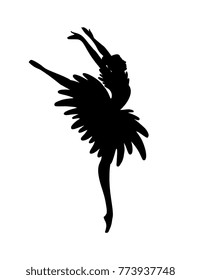 Ballerina - Ballet Dancer hand drawn silhouette. Unique ink drawing for wall decoration, poster, card, t-shirt design. Vector stock image - female in tutu posing in performance position.