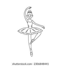 Ballerina Ballet doodle. Elegant hand drawn black line art girl or young woman in a tutu dancing ballet. Dance drawing vector illustration.