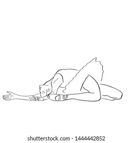 Ballerina in ballet tutu lying on the floor in elegant pose. Classical dancer silhouette. Hand drawn outlines. Black lines drawing. Abstract vector isolated contour.