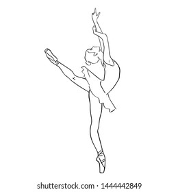 Ballerina in ballet tutu and pointe shoes on her toes. Classical dancer silhouette in elegant pose. Hand drawn outlines. Black lines drawing. Abstract vector isolated contour.
