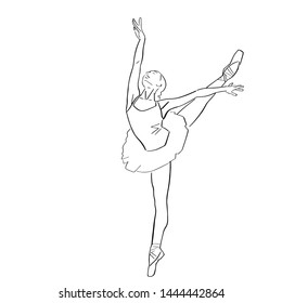 Ballerina in ballet tutu and pointe shoes on her toes. Classical dancer silhouette in elegant pose. Hand drawn outlines. Black lines drawing. Abstract vector isolated contour.