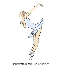 Ballerina in ballet tutu and pointe shoes on her toes. Classical dancer silhouette in elegant pose. Vector flat illustration. Isolated hand drawn black contour and pastel colors.
