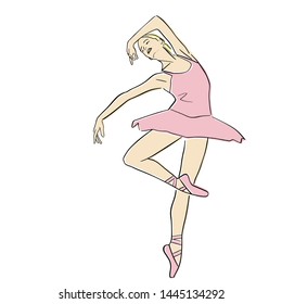 Ballerina in ballet tutu and pointe shoes on her toes. Classical dancer silhouette in elegant pose. Vector flat illustration. Isolated hand drawn black contour and pastel colors.