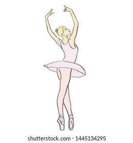 Ballerina in ballet tutu and pointe shoes on her toes. Classical dancer silhouette in elegant pose. Vector flat illustration. Isolated hand drawn black contour and pastel colors.