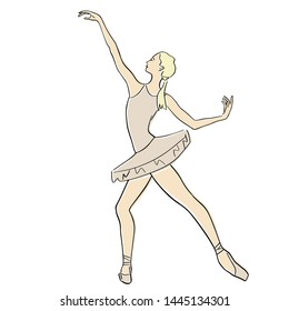 Ballerina in ballet tutu and pointe shoes on her toes. Classical dancer silhouette in elegant pose. Vector flat illustration. Isolated hand drawn black contour and pastel colors.