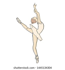 Ballerina in ballet tutu and pointe shoes on her toes. Classical dancer silhouette in elegant pose. Vector flat illustration. Isolated hand drawn black contour and pastel colors.