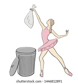 Ballerina in ballet tutu and pointe shoes throws a bag of garbage into trash bin. Classical dancer against nature pollution. Vector flat illustration. Isolated hand drawn black contour and colors.