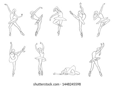 Ballerina in ballet tutu and pointe shoes on her toes. Set of classical dancer silhouette in elegant pose. Hand drawn outlines. Black lines drawing. Abstract vector isolated contour.