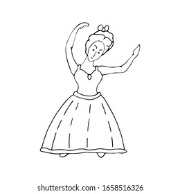 Ballerina black line sketch on white background. Vector doodle illustration. Hand drawn element for greeting cards, posters, stickers.