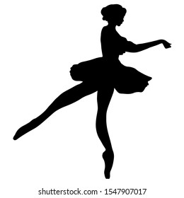 Ballerina black silhouette isolated on white background. Beautiful female silhouette in tutu. Fouete dance elements. Ballet movement, pose, pa. Ballet dancer figure for design, print, fashion, cover