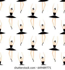 Ballerina in black tutu seamless pattern on white background. Ballet dancer vector illustration. Fashion design for textile, wallpaper, fabric, print on baby's clothes.