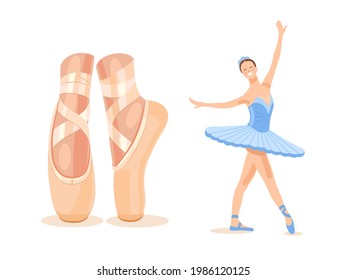 Ballerina in a blue ballet tutu. Legs close up. Set. Dancer in a beautiful pose. Ballet. Vector flat illustration.