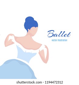 Ballerina in a blue dress dancing.Flat illustration in fashionable style.Hand drawing of a young ballerina.Vector Illustration of a ballet dancer girl.