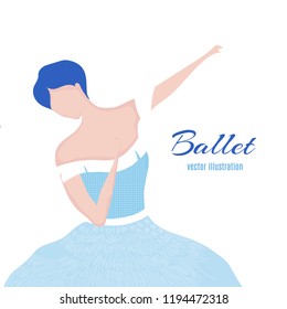 Ballerina in a blue dress dancing.Flat illustration in fashionable style.Hand drawing of a young ballerina.Vector Illustration of a ballet dancer girl.