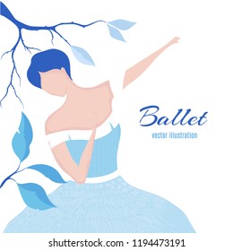 Ballerina in a blue dress dancing.Flat illustration in fashionable style.Hand drawing of a young ballerina.Vector Illustration of a ballet dancer girl.