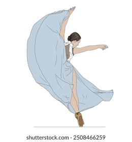 A ballerina in a blue dress and pointe shoes stands on her toes and dances isolated on white background