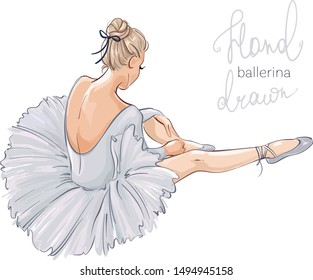 Ballerina in blue dress. Вallerina puts on pointe shoes. Hand drawn lovely sketch. Fashion vector illustration. 