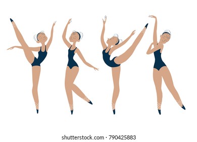 Ballerina in a blue swimsuit. Gymnast with ribbon on white background. Cute cartoon card whit pretty dancer. Vector illustration. Young beautiful dancer in tights and ballet shoes