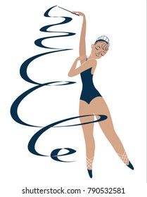 Ballerina in a blue swimsuit. Gymnast with ribbon on white background. Cute cartoon card whit pretty dancer. Vector illustration. Young beautiful dancer in tights and ballet shoes