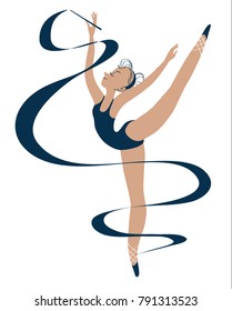 Ballerina in a blue swimsuit. Gymnast with ribbon on white background. Cute cartoon card whit pretty dancer. Vector illustration. Young beautiful dancer in tights and ballet shoes