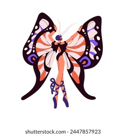 Ballerina in butterfly stage costume. Ballet dancer wears fairytale character suit back view. Girl in clothes with wings for masquerade, carnival. Flat isolated vector illustration on white background