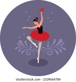 ballerina character in red dress dancing with fan 