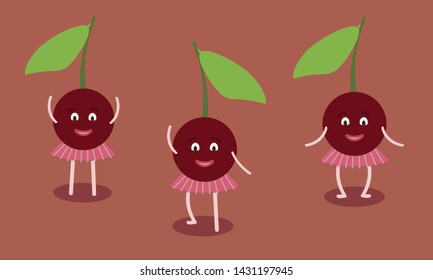 Ballerina cherries.Vector illustration of three dancing ballerina cherries
