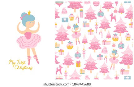 Ballerina, a Christmas tree, and gift boxes. Set of vector seamless pattern and illustration. Childish hand drawn Scandinavian style. Limited pastel palette for girly print