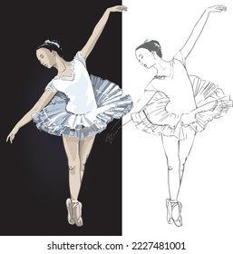 Ballerina in classic ballet pose. Ballet shoes and a ballet leotard, tutu. Outline and full color drawing. Vector isolated illustration for coloring book, card, banner, wall picture, wall art.